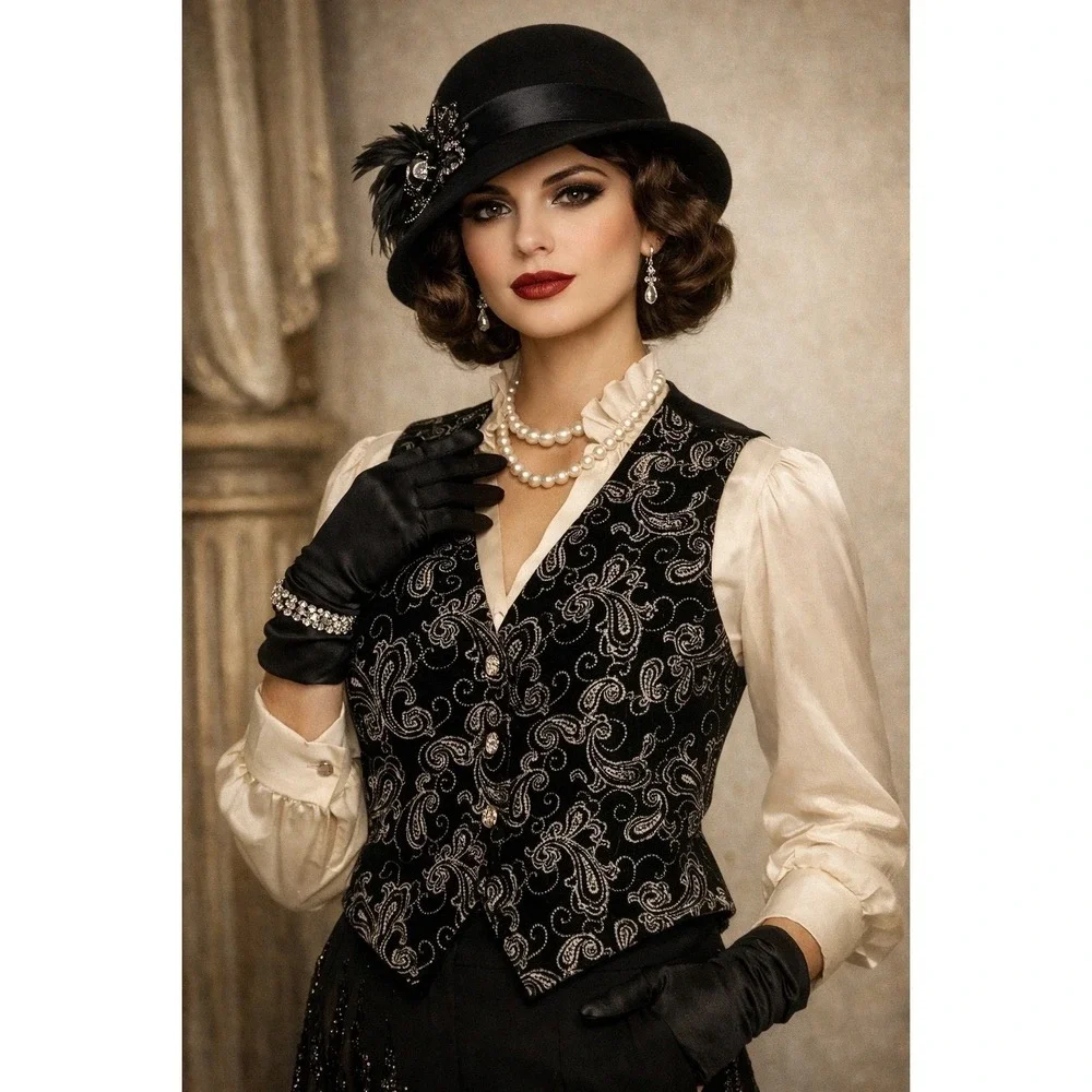 Vintage Black Velvet Vest Metallic Paisley Button Front